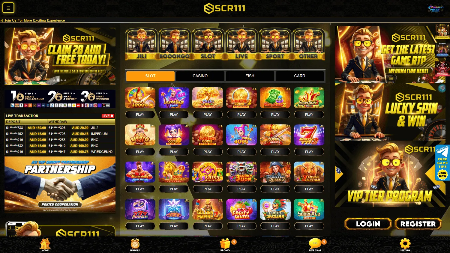 Scr111 Casino desktop home with AUD casino offers and game access