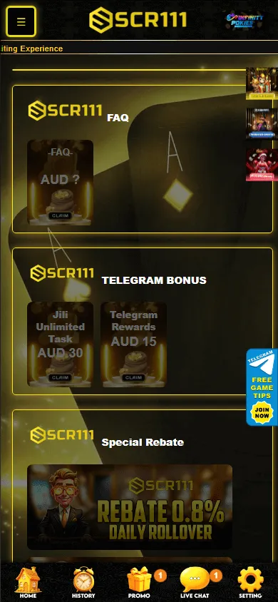 Scr111 Casino mobile promotions area with the A$5 bonus and lucky number promotion