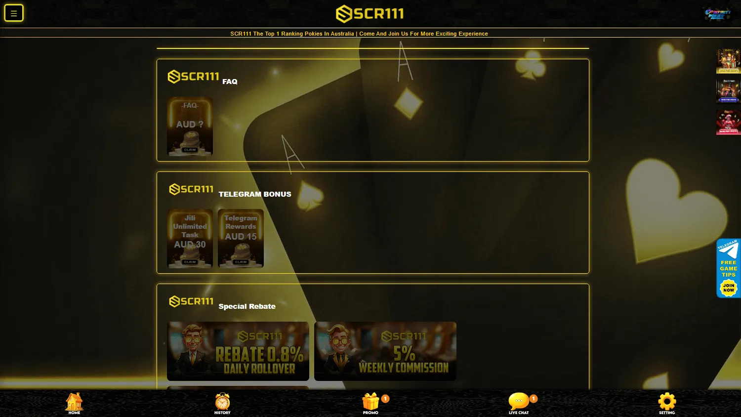 Scr111 Casino desktop promotions area with bonus and lucky number offers