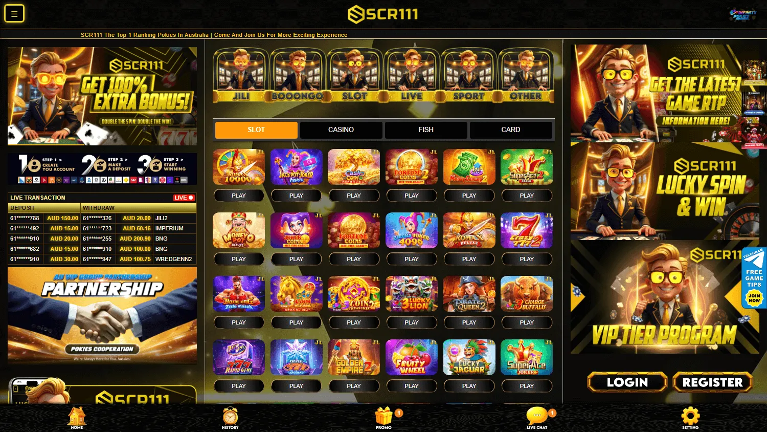 Scr111 Casino desktop games area with casino categories and searchable titles