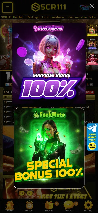 Scr111 Casino mobile games area with pokies, live casino and crash games